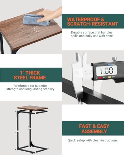 C-Shaped Side Table for Couch - Small Coffee Stand Sofa Tray Desk with Metal Frame and Waterproof Scratch Resistant, Modern End Accent for Living Room, Bedroom, Small Spaces, Rustic Walnut