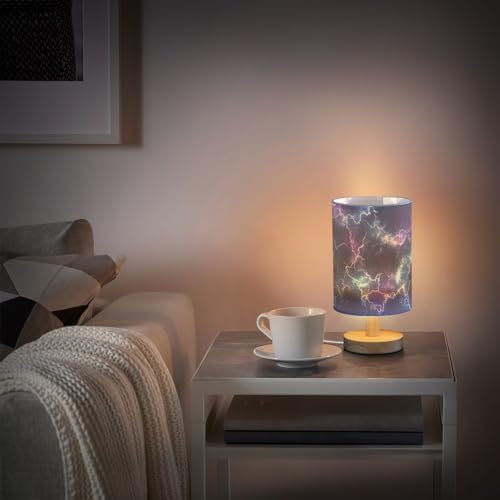Bedside Lamp Dark Blue Purple Lightning Table Lamp for Bedroom LED Nightstand Lamp Shade USB Ports Wood Base for Living Room Dorm Office
