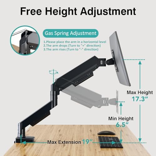 Single Monitor Arm, Monitor Mount for 17-32 inch Screens Gas Spring Adjustable Monitor Stand, Vesa Mount with Clamp and Grommet Aluminum Base - Fits 4.4 to 22lbs LCD Computer Monitors AX09DB01-1