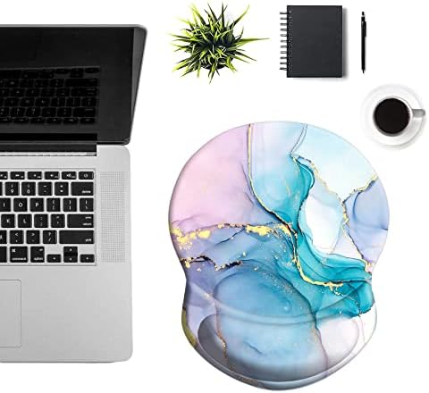Mouse Pad with Ergonomic Gel-Filled Wrist Rest and Non-Slip PU Base, Comfortable & Accurate Computer Mouse Pad with Support for Home Office Working Studying (Pink Blue Mable)