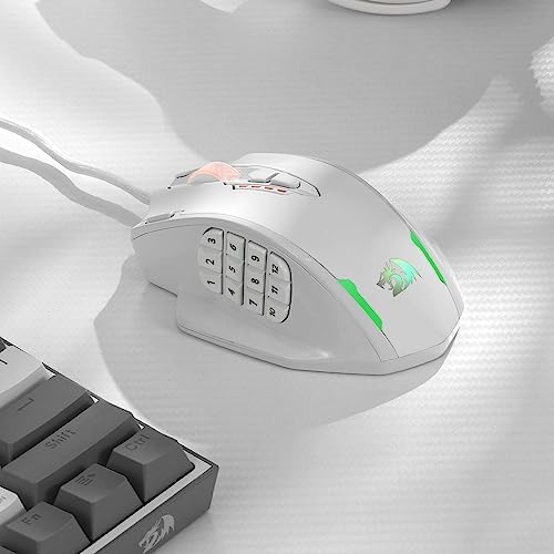 Redragon M908 Impact RGB LED MMO Gaming Mouse with 12 Side Buttons, Optical Wired Ergonomic Mouse with Max 12,400DPI, High Precision, 18 Programmable Macro Shortcuts, Comfort Grip, White