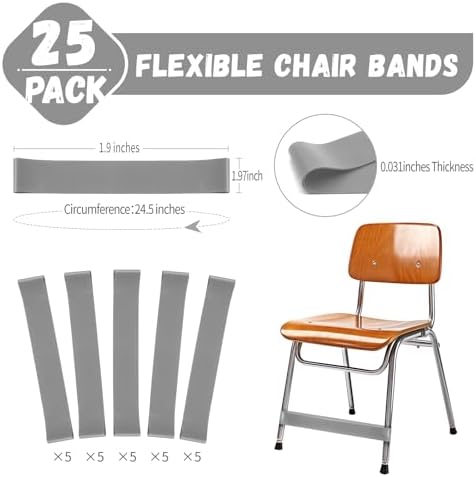 25 Pack Chair Bands for Kids with Fidgety Feet, ADHD Tools for Kids, Improve Focus & Reduce Restlessness, Chair Bands for Sensory ADHD ADD Autism - Classroom & Home Must Haves (Gray)