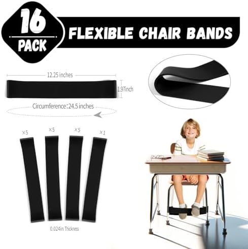 16 Pack Chair Bands for Kids with Fidgety Feet, ADHD Tools for Kids, Improve Focus & Reduce Restlessness, Chair Bands for Sensory ADHD ADD Autism - Classroom & Home Must Haves (Black)