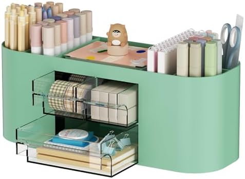 Marbrasse Desk Organizer Pen Holder for Desk with 3 Drawers, Multi-Functional Pencil Holder, Desk Organizers and Accessories with 7 Compartments for Home, School, Classroom(Green)