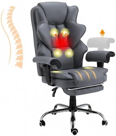 HOMREST 6-Point Massage Executive Chair, Heated Office Chair, Ergonomic Home Office Desk Chairs with Retractable Footrest & Adjustable Armrest, Leather Computer Chair with Reclining Function, Grey