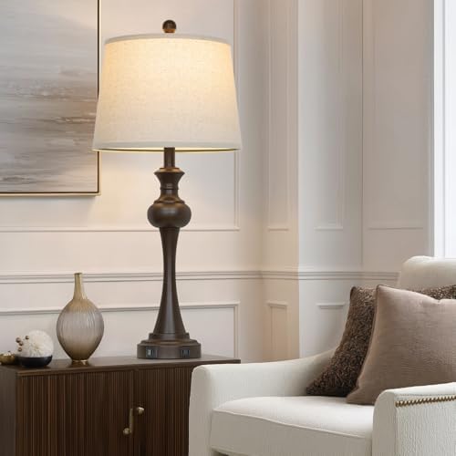 Touch Table Lamps Set of 2, 28.75" Tall Bedside Lamps with USB C+A Ports, 3-Way Dimmable Table Lamp, Nightstand lamps for Bedroom, Living Room, Office, Brown Lamps with Beige Lampshade, Bulbs Included