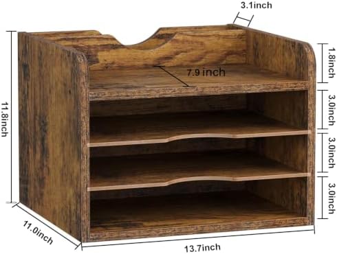 Snughome Vintage Wood File Organizer Desktop, 13.4’’ Document Letter Mail Tray Sorter with 3 Adjustable Shelves, Wooden Desktop Paper File Sorter Holder (Rustic Brown, 13.78’’L x 11.81’’W x 11.02’’H)