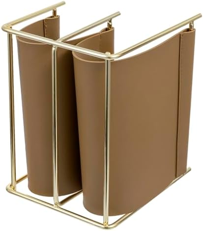 MyGift 2 Slot Modern Mail Holder, Deluxe Brass Tone Metal and Toffee Brown Leatherette Sling Entryway or Desktop Tabletop Letter Sorter
