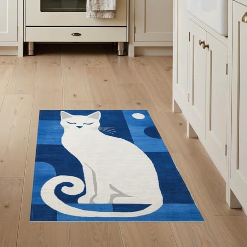 3'x5' Blue White Cat Sapphire Design Washable Area Rug