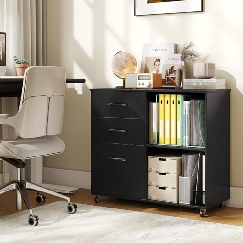 Giantex 3-Drawer Mobile File Cabinet, Rolling Printer Stand with Open Storage Shelves, Under Desk Lateral Filing Cabinet for Letter/A4 Size, Wooden Office Organizer with Wheels for Home Office (Black)