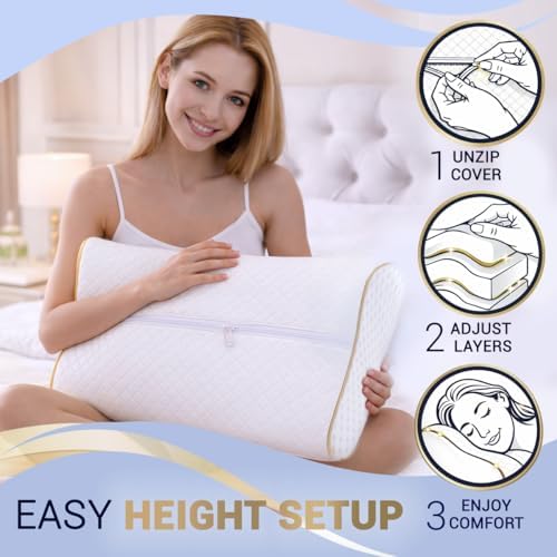Cervical Memory Foam Pillow – 4-Layer Adjustable King Size Contour Design for Side Sleepers, Neck Support & Pain Relief, Orthopedic, CertiPUR-US Certified