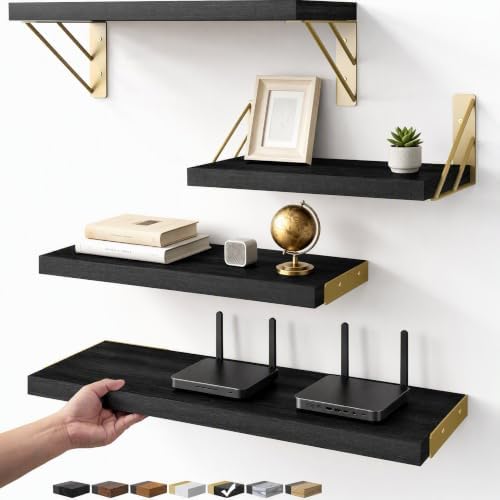 BAYKA Floating Shelves for Bedroom Decor, Wall Shelves for Storage, Wall Mounted Rustic Wood Floating Shelf for Books,Corner Shelf for Bathroom,Kitchen,Living Room(Black and Gold，Set of 4)