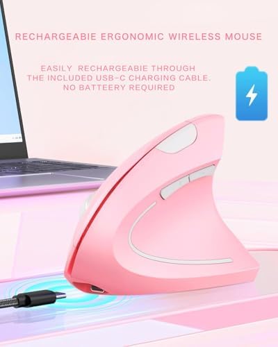 Ergonomic Mouse Wireless, Rechargeable Mouse Silent for Carpal Tunnel Right Hand, 2.4GHz USB Vertical Mouse Wireless for Laptop etc, 3 Adjustable 800/1200/1600 DPI, Pink