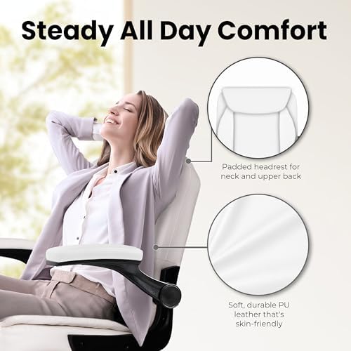 NEO CHAIR PU Leather Office Desk Chair with Adjustable Arms, All White