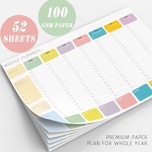 Undated Weekly Hourly Planner Notepad, Tear-Off ADHD Planner,Weekly Planner,Weekly Schedule Planner,Weekly To Do List Notepad(52 Sheets,8.5"x11",Colorful)