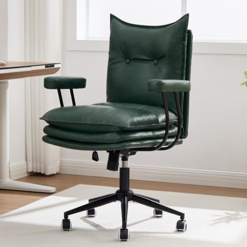 Leather Office Chair,Detachable Armrests,360°Swivel Mid Century Modern