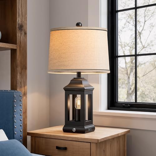 24" Rustic Farmhouse Table Lamps for Living Room, Single Pack Touch Dimmable Nightlight Vintage Bedside Lamps with USB A+C Ports & Dual Light Sources for Bedroom Nightstand End Table, Matte Black