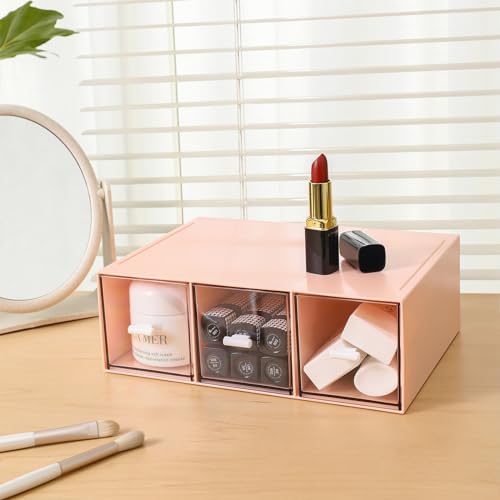 MILULUGO Plastic 3 Drawer Organizer for Cosmetic Storage, Desk Organizer, Makeup Organizer for nail polish, Lipstick, Brushes, Jewelry, Skincare, Bathroom Organization Boxes - Pink