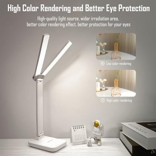 LED Double Head Desk Lamp, Rechargeable Portable Table Lamp, Adjustable Light Color and Brightness, USB Powered, LED Light for Work, Reading, Emergency (White)
