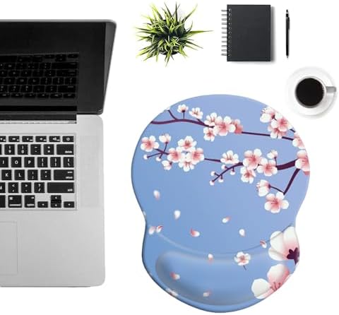 Mouse Pad with Ergonomic Gel-Filled Wrist Rest and Non-Slip PU Base, Comfortable & Accurate Computer Mouse Pad with Support for Home Office Working Studying (Cherry Blossom)