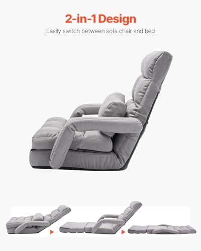 VEVOR Floor Chair, Floor Gaming Chair with 5 Adjustable Position and Back Support, Folding Lounge Chair with Armrest for Adults, Sofa Lounger with Comfy Cushion for Living Room and Bedroom, Gray