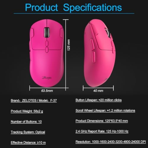 zelotes Gaming Wireless Mouse, Bluetooth Rechargeable with 9 Programmable Buttons,Ultra-Light 60g, 24,000 DPI, BT/USB 2.4G / Type-C, Ergonomic Optical Mouse for Laptop, PC,Office and Gamers (Pink)