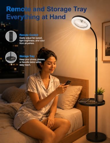 Floor Fan with Light, 26W LED RGB Dimmable Standing Lamp