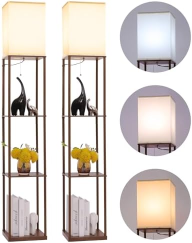 Gupuzm Floor Lamp with Shelves, Modern Square Standing Lamp with 3 Color Temperature Bulb, Corner Display Bookshelf Lamp for Living Room, Bedroom and Office(Brown-2 Pack)