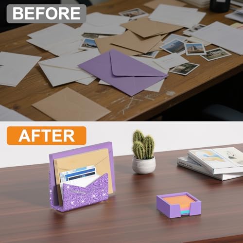 Beego Envelope and Mail Organizer Countertop - Glitter Purple Acrylic Desk Organizer Letter Holder Desktop File Sorter Bill Document Folder Rack for Office, Home, School Desk Organization