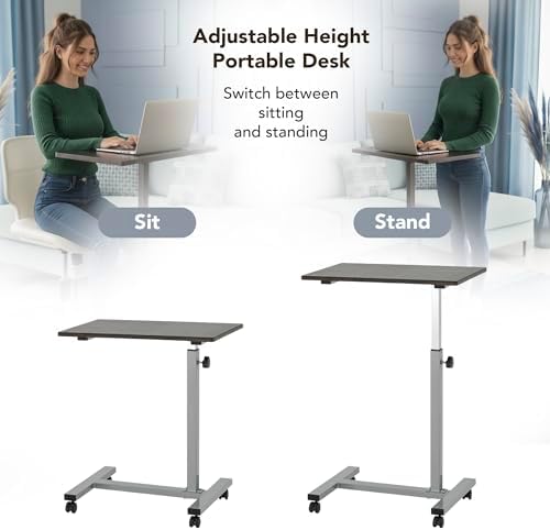 Displays By Jack Adjustable Height Rolling Laptop Desk, Silver Mobile Sit Stand Computer Table on Wheels – 24 x 15 in Portable Workstation for Home Office, Study Room, Classroom
