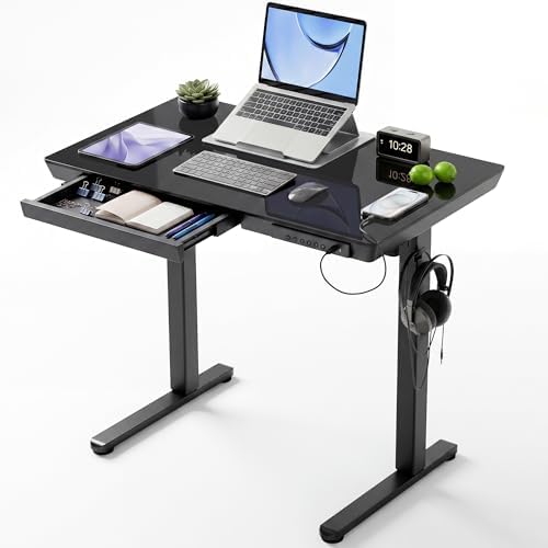Claiks Small Glass Standing Desk with Drawers & USB Ports 35x19 Black