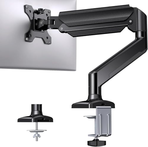 Single Monitor Arm, Adjustable Gas Spring Desk Mount for 13–32" Screens, VESA 75/100 Compatible, Heavy-Duty C-Clamp & Grommet Base, Supports 4.4–22 lbs