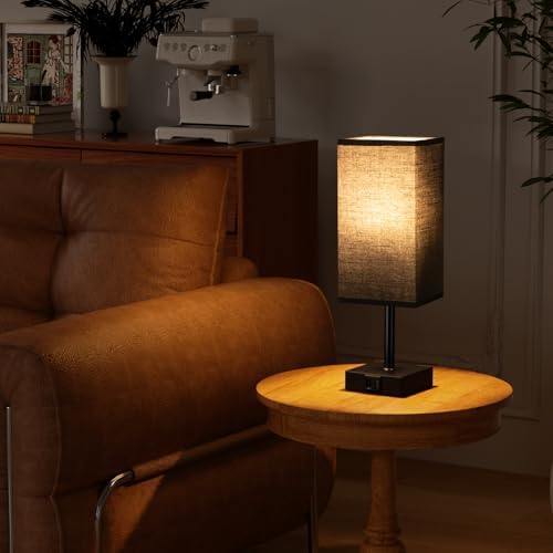 3000K Black Table Lamp for Bedroom - Dimmable Touch, USB C+A, AC Outlet