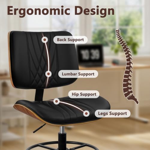 CLATINA Drafting Chair for Standing Desk, PU Leather Armless Tall Office Chairs with Adjustable Footrest Ring, Extended Height Ergonomic High Swivel Computer Chair with Bend Wood Backrest, Black, 8PK