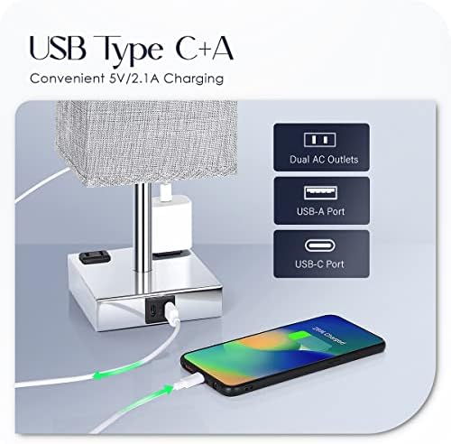 Bedside Lamp with USB Ports - Touch Control Table Lamp for Bedroom with USB C+A Charging Ports & AC Outlets, 3 Way Dimmable Nightstand Light for Living Room (LED Bulb Included, Chrome - Grey)