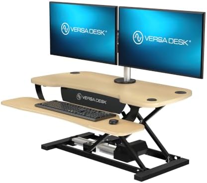 VERSADESK PowerPro 36 Inch Electric Standing Desk Converter – Push-Button Height Adjustable Sit to Stand Desk Riser for Dual Monitors & Laptop – Motorized Desktop Workstation with Wide Keyboard Tray