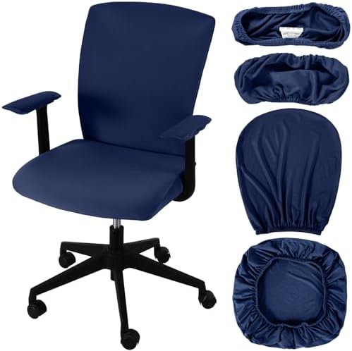 Tallew 4 Pcs Office Chair Covers Set Computer Universal Protective Stretchable Chair Seat Covers Desk Armrest Cover Slipcovers Pads Office Cushion Backrest for Rotating(Regular,Navy Blue)