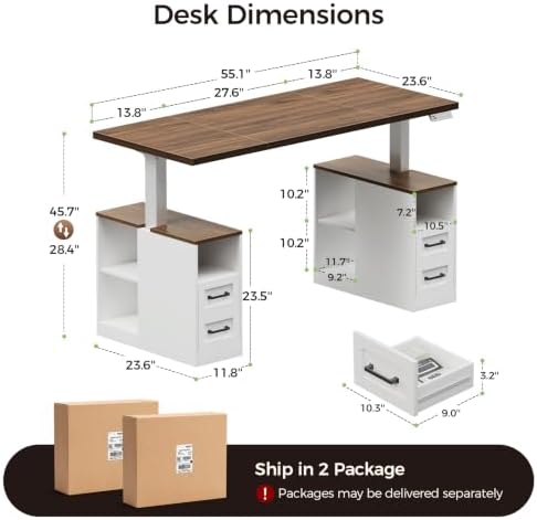 OffiGo 55 Inch Farmhouse Standing Desk with Storage Drawers, Walnut White