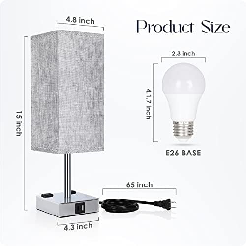 Bedside Lamp with USB Ports - Touch Control Table Lamp for Bedroom with USB C+A Charging Ports & AC Outlets, 3 Way Dimmable Nightstand Light for Living Room (LED Bulb Included, Chrome - Grey)