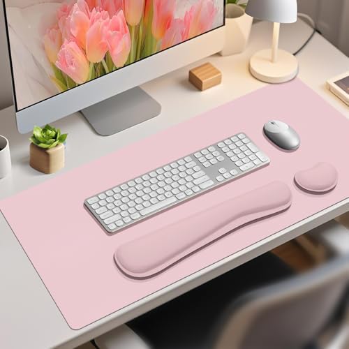 Mouse Pad and Keyboard Wrist Rest, Large Keyboard and Mouse Pad Set, Ergonomic Mousepad with Wrist Rest, Non-Slip Desk Mat Protector for Office, Home (35.4×15.7 Inches, Pink)