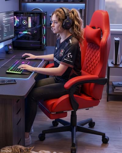 LUCKRACER Gaming Chair with Pocket Spring Cushion and Footrest, PU Leather 90°-155° Reclining Computer Chair, 4.5" Height Adjustment, Ergonomic Office Chair with Lumbar Support, Red