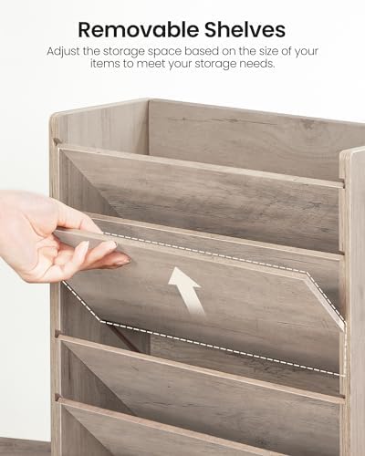 CHOEZON Wall File Organizer, 6-Tier Vertical Mount Hanging Holder with 2 Side Hooks, Modern Wooden Magazine Storage Holder with Bottom Tray, Desk Organizer, for Office, Home, Greige MWJ01FH