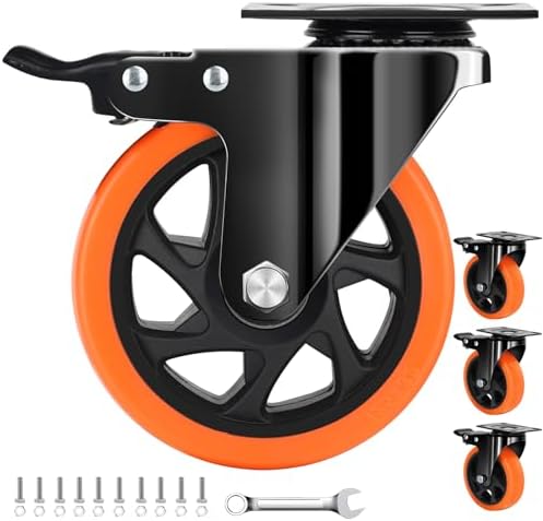 QNCZ 5 Inch Caster Wheel with Dual Brake, Heavy Duty, Silent, Set of 4