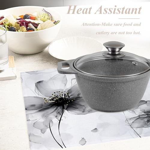 Shrahala Flowers Petals Set of 8 12 X 18 Inch Linen Placemats, Beautiful Black White Flowers Burlap Table Mat Washable Double Layered Heat Insulation for Indoor/Outdoor