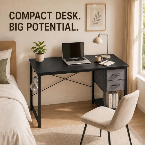 Simple Deluxe 40 Inch Black Computer Desk with Drawer & Side Hook – Compact Office Desk for Bedroom, Sleek Writing Table with Storage for Study, Work & Home
