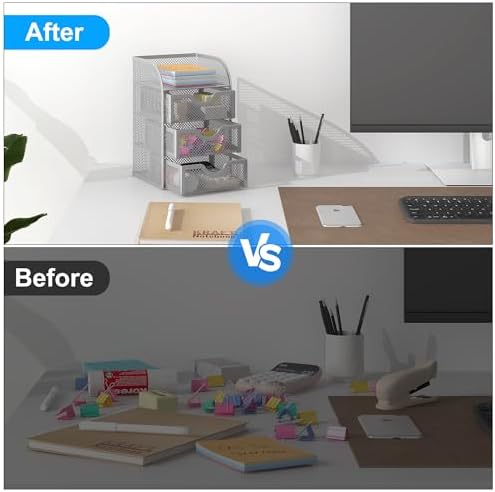EasyPAG Mesh Desk Organizer with 3 Drawer Office Desktop Organizers and Accessories Stationery Caddy for Office, Home, Students, Silver