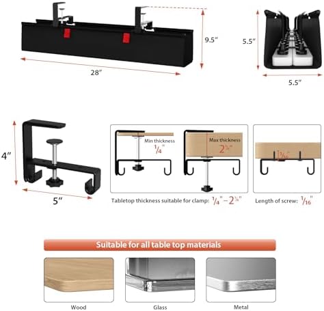 Univivi No Drill Under Desk Cable Management Tray, 28 inch Cable Management