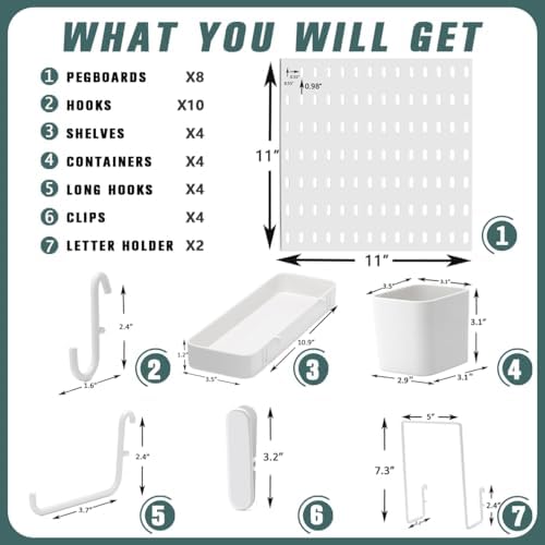 MULSAME Pegboard Combination Kit, 25.2" x 50.4" Wall Mounted Storage Set with 8 Pegboards & 40 Accessories Hanging, Peg Boards Organizer