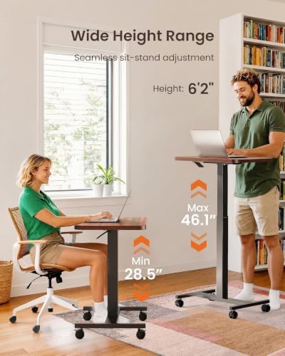ErGear Mobile Small Standing Desk, Enhanced Adjustable Height Computer Workstations, Portable Rolling Laptop Desk with 4 Lockable Wheels for Home Office & Classroom, Light Walnut