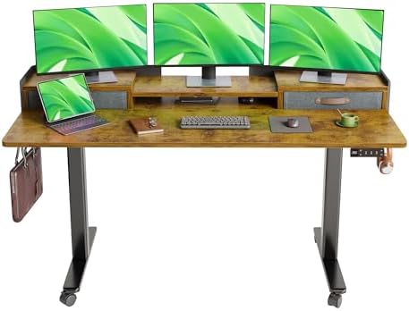 Claiks Standing Desk with Drawers & Wheels, 2 Height Shelf 63" Rustic Brown